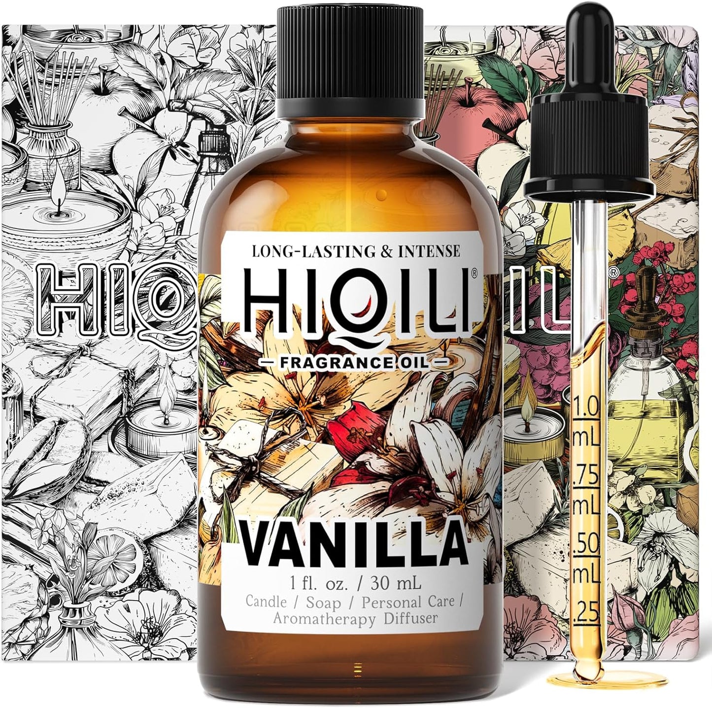 HIQILI Vanilla Fragrance Oil 1 Fluid Ounce bottle front view for DIY projects.