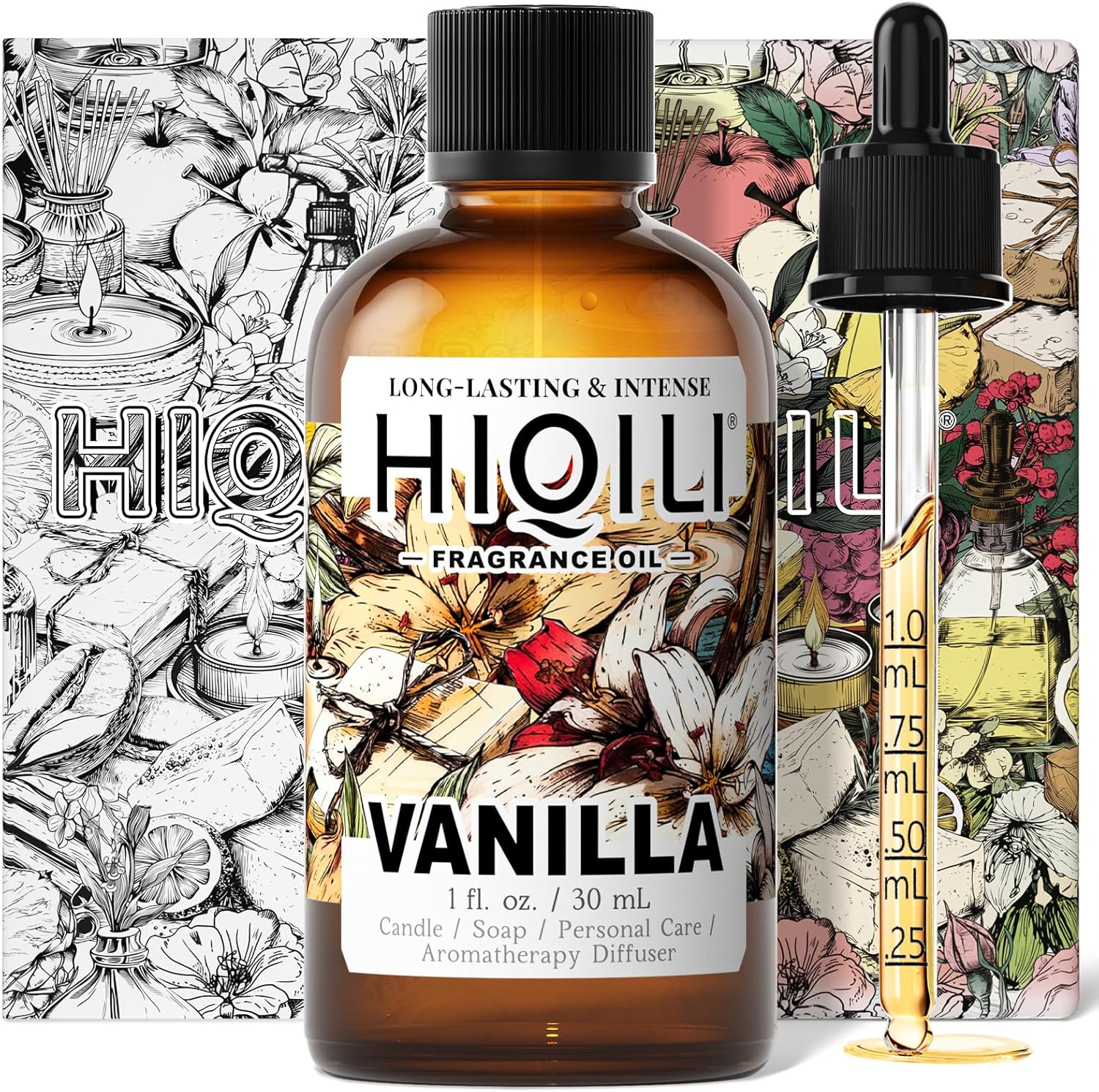 HIQILI Vanilla Fragrance Oil 1 Fluid Ounce bottle front view for DIY projects.