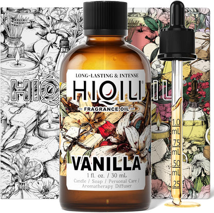 HIQILI Vanilla Fragrance Oil 1 Fluid Ounce bottle front view for DIY projects.