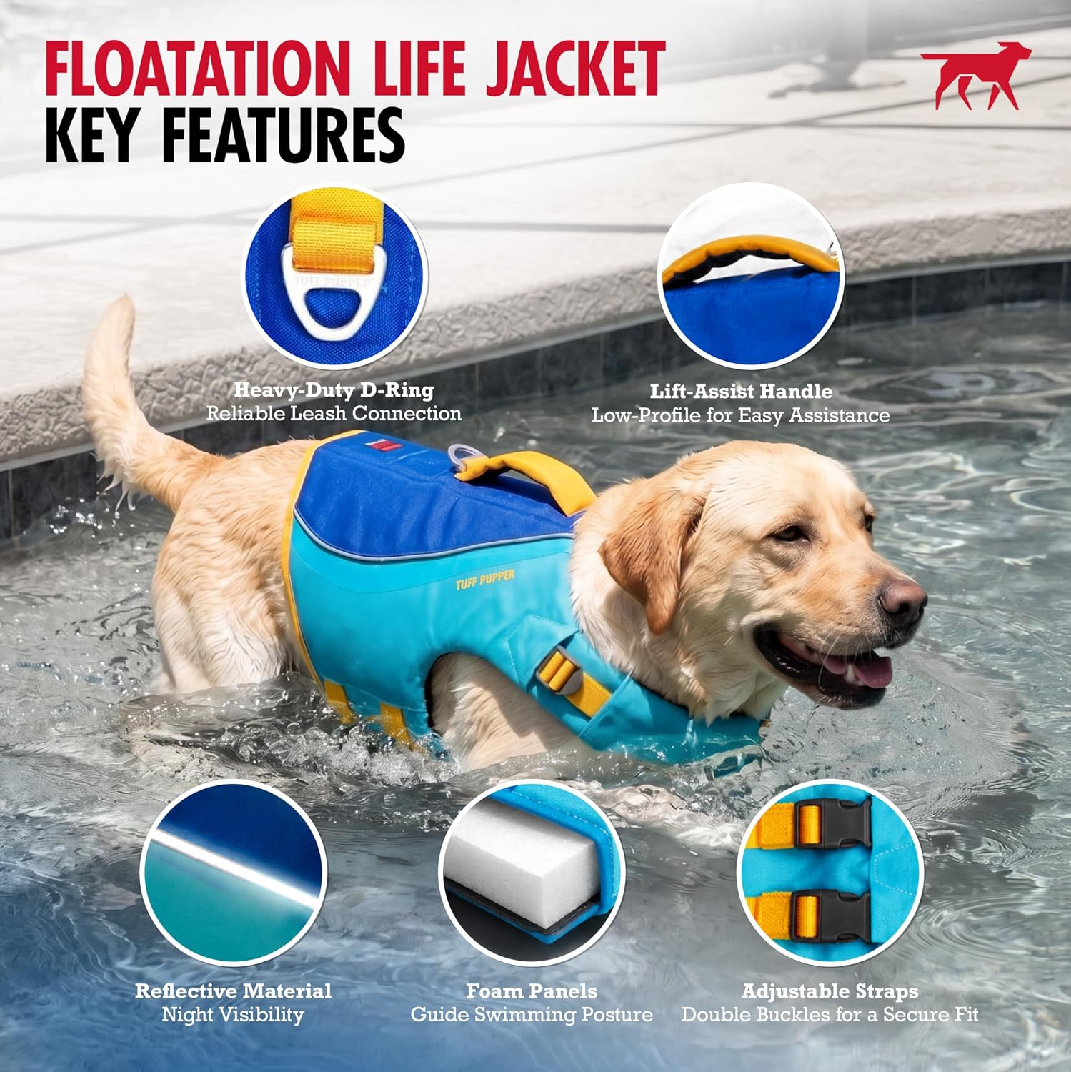 Adjustable dog flotation vest with secure straps and buckles close up
