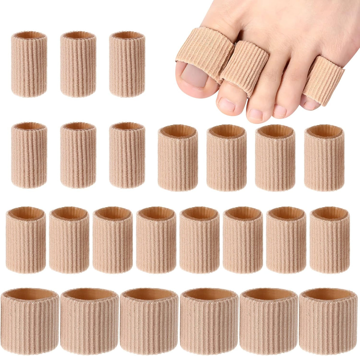 Blulu Toe Tubes front view 24 count assorted sizes for corn protection.