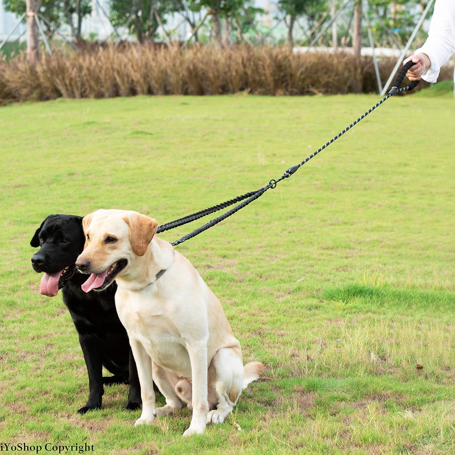 Side view of iYoShop double dog leash emphasizing the cushioned handle designed for large dog pull protection.