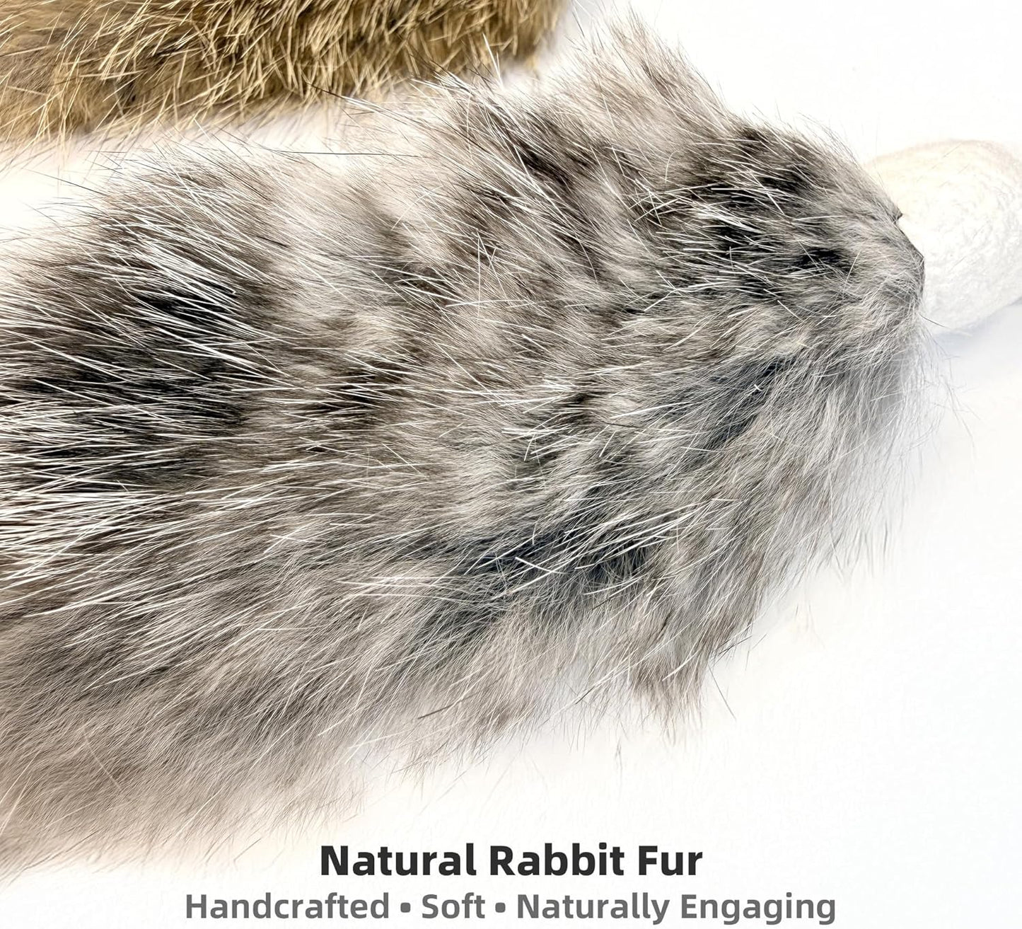 Handmade rabbit fur cat toy refills with secure metal connectors
