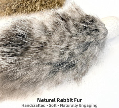 Handmade rabbit fur cat toy refills with secure metal connectors