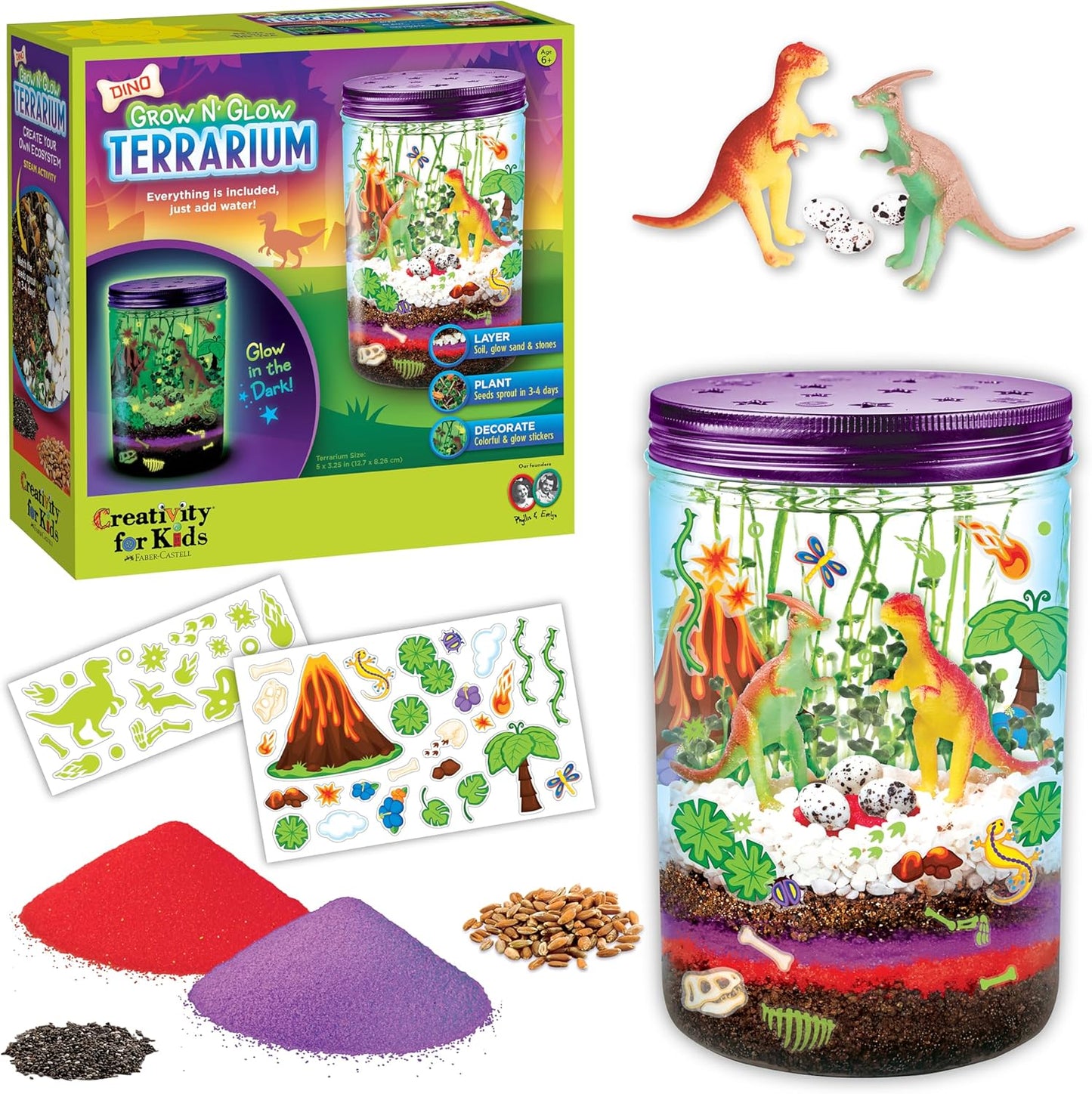 Creativity for Kids Grow N Glow Dinosaur Terrarium Kit front view showing the boxed DIY STEM activity package.