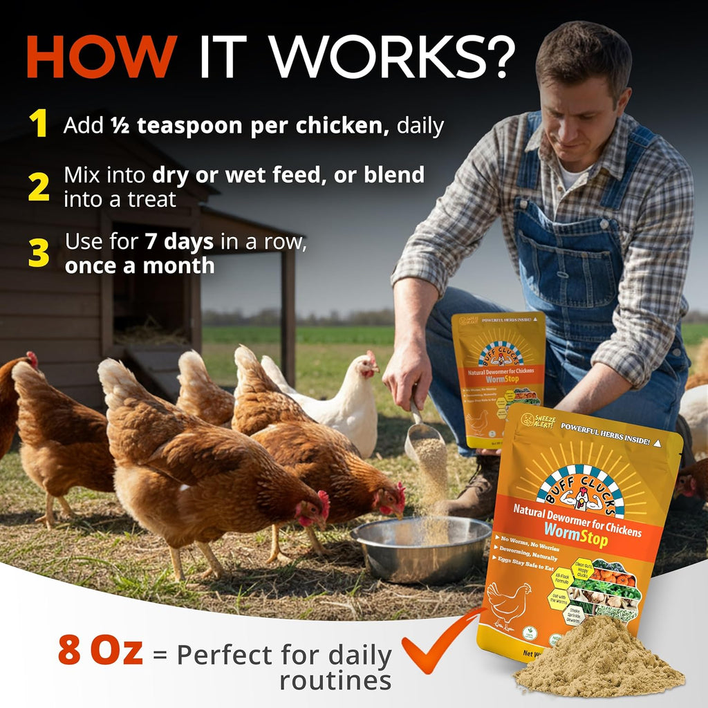 Buff Clucks WormStop 8 ounce resealable bag close up shot