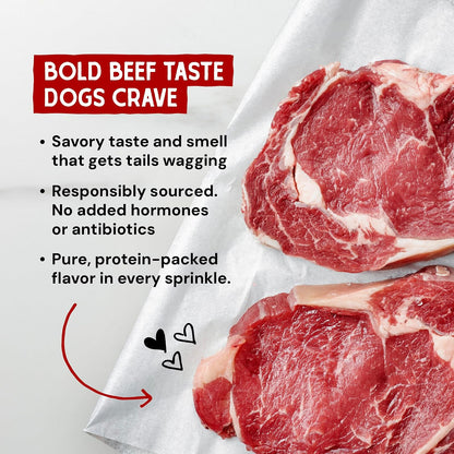 Close up of powdered beef meal topper ingredients showing premium meat and organ blend