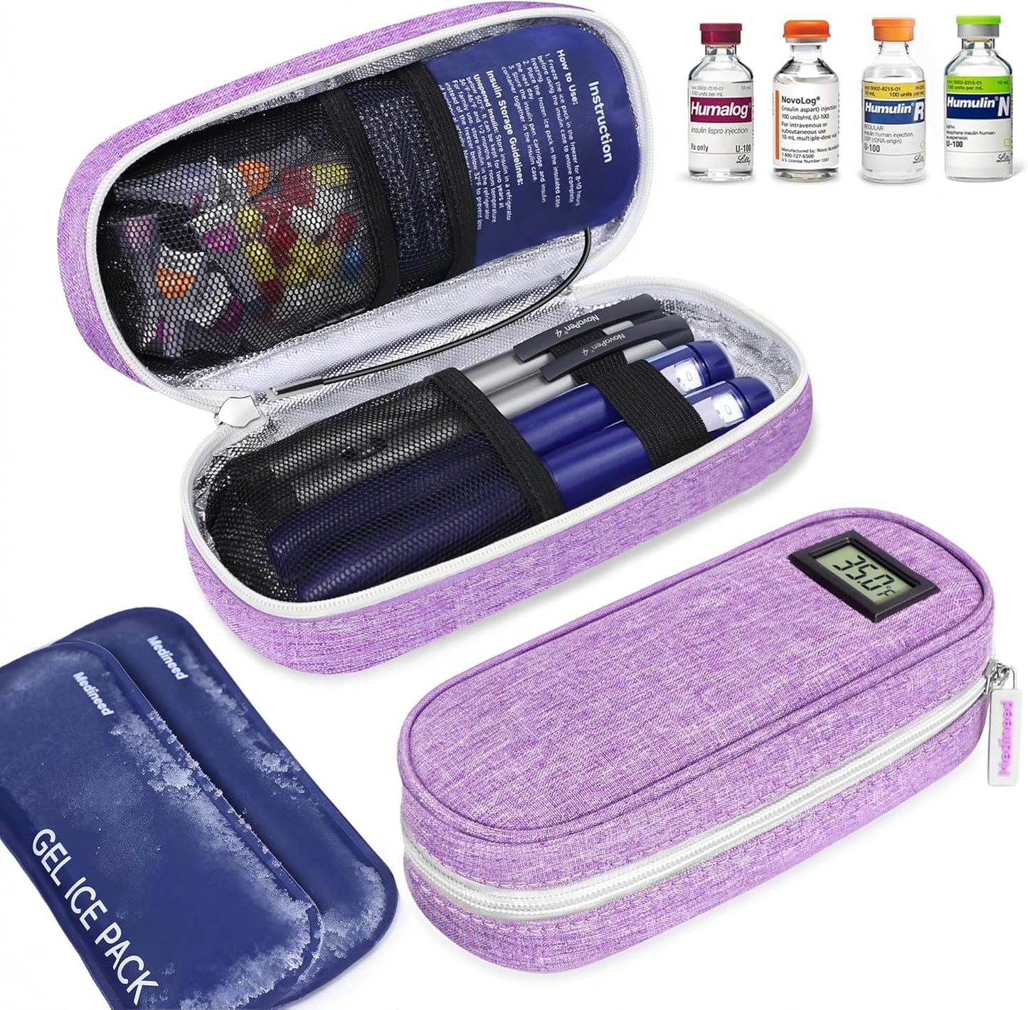 Medineed insulin cooler travel case front view with digital temperature display.