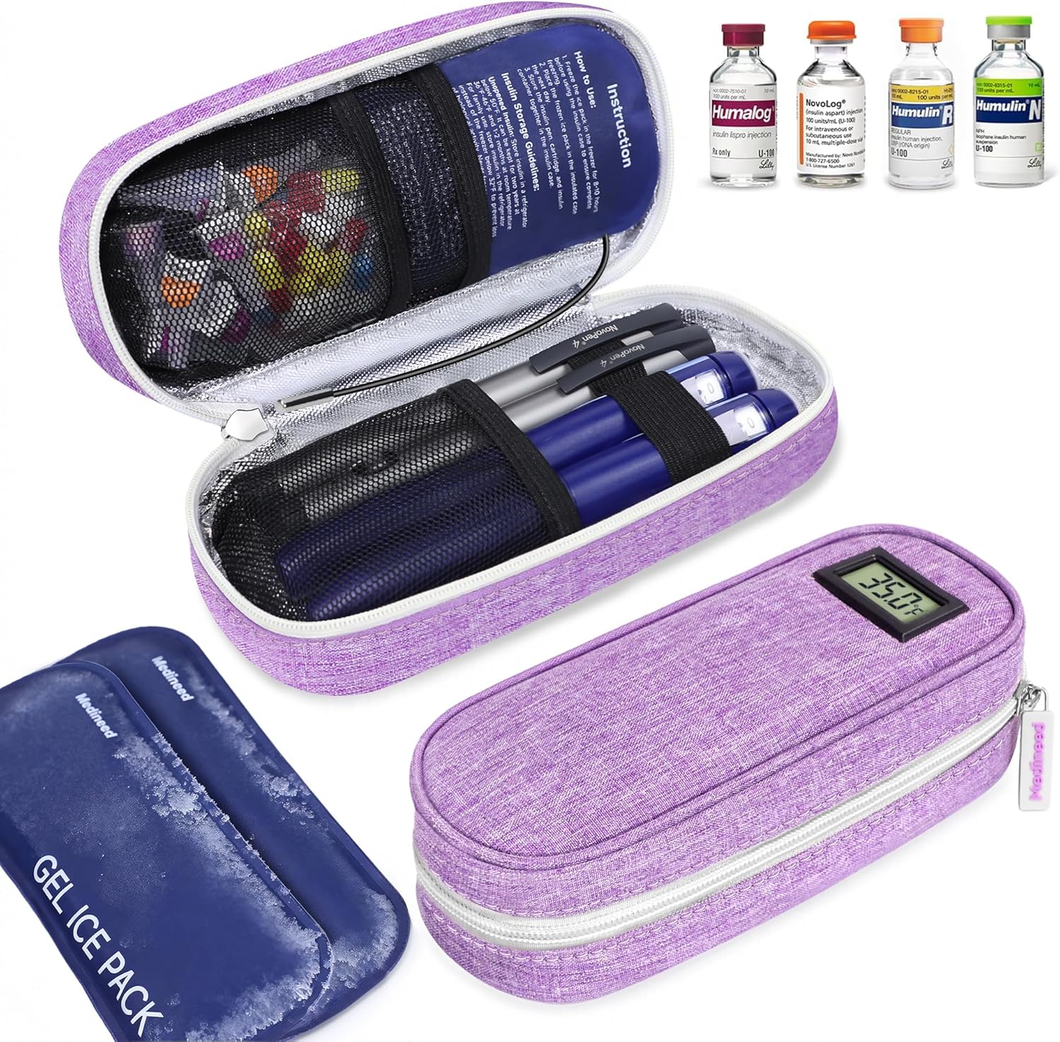 Medineed insulin cooler travel case front view with digital temperature display.