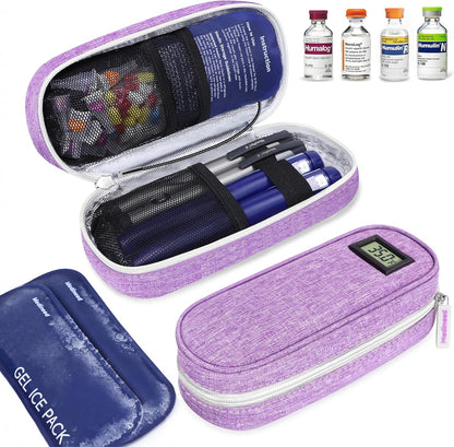 Medineed insulin cooler travel case front view with digital temperature display.