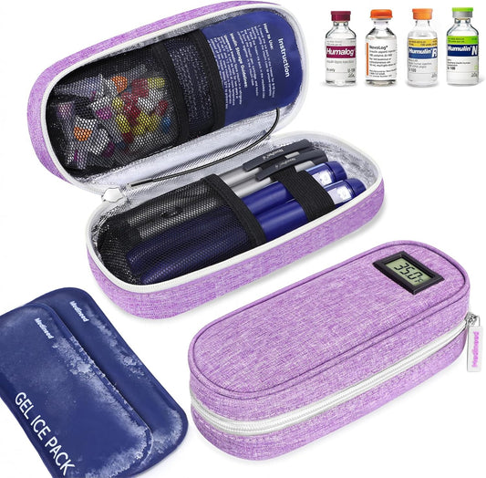 Medineed insulin cooler travel case front view with digital temperature display.