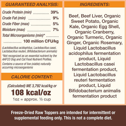 Primal Pet Foods high protein beef topper being crumbled over a pet meal bowl