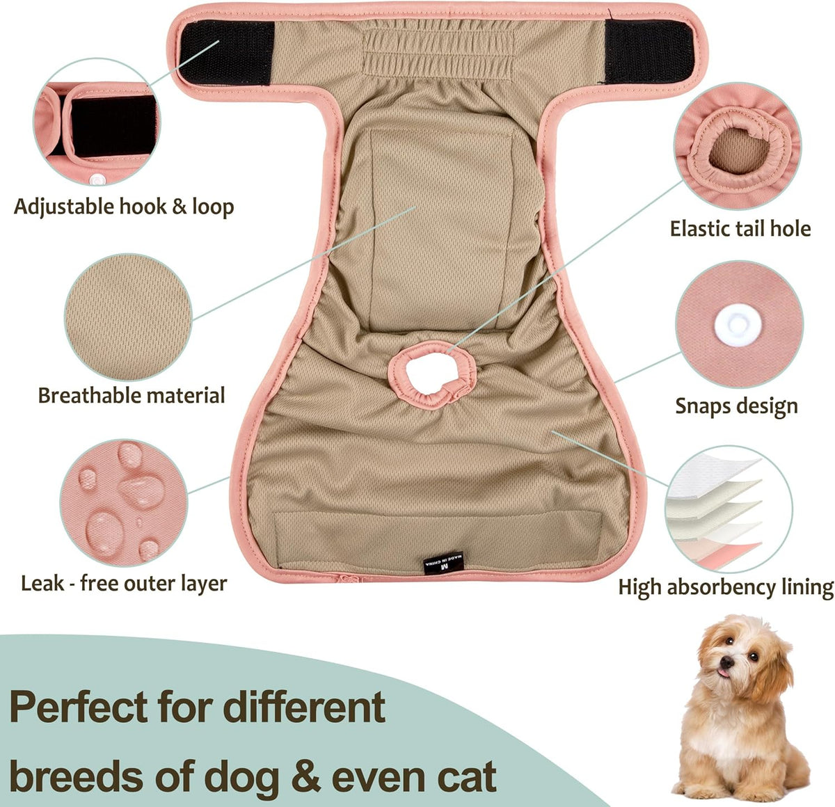 Grecle premium reusable dog diapers demonstrating the flexible elastic tail hole for maximum comfort.