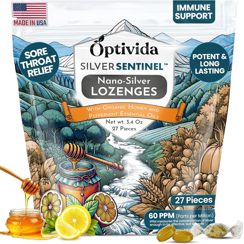 Optivida Nano Colloidal Silver Lozenges front packaging view for premium immune support