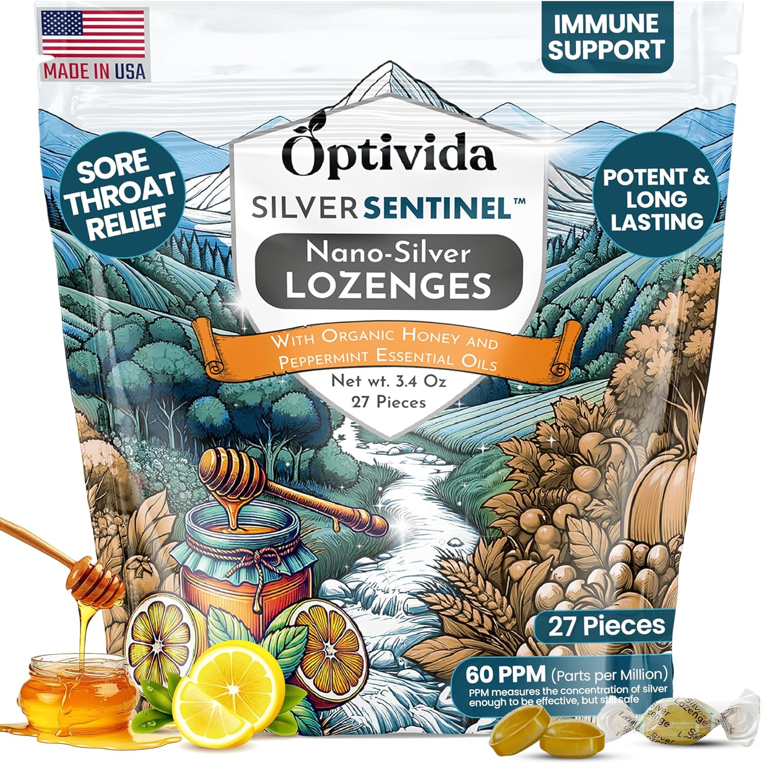Optivida Nano Colloidal Silver Lozenges front packaging view for premium immune support