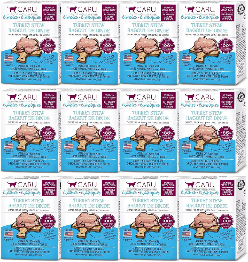Brand logo and packaging details for Caru wet cat food