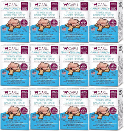 Brand logo and packaging details for Caru wet cat food