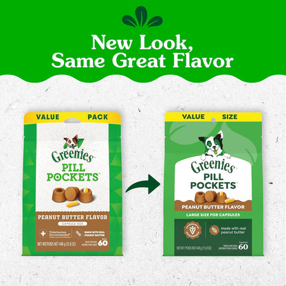 Greenies dog treat pouch for capsule medication displaying soft texture treats for hiding pills.