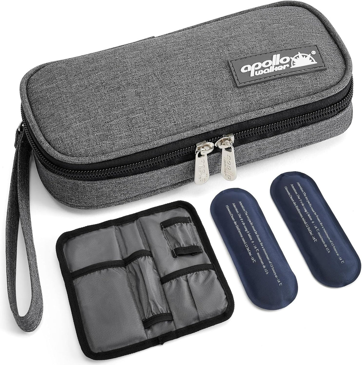 Apollo Walker insulin cooler travel case gray front view for diabetic medication storage