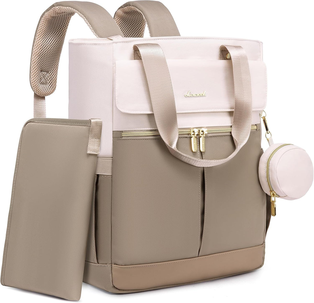 Lovevook diaper bag backpack front view in camel and pink color block