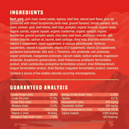 Freeze dried raw coated kibble with six red meat sources ingredient highlight