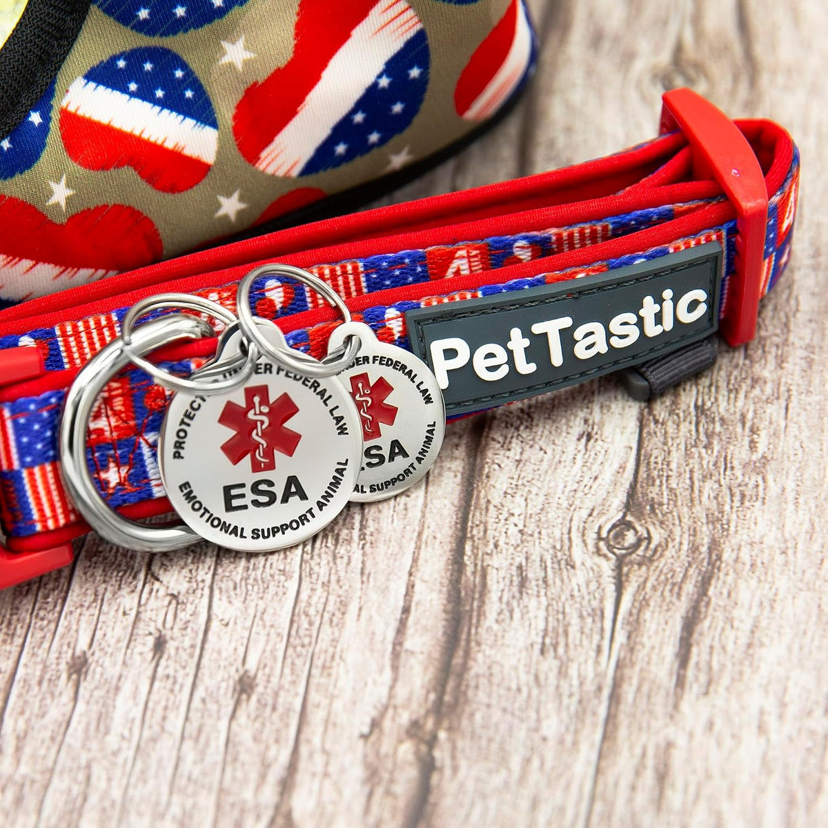 GoTags custom laser engraved emotional support animal tag reverse side showing four lines of text.