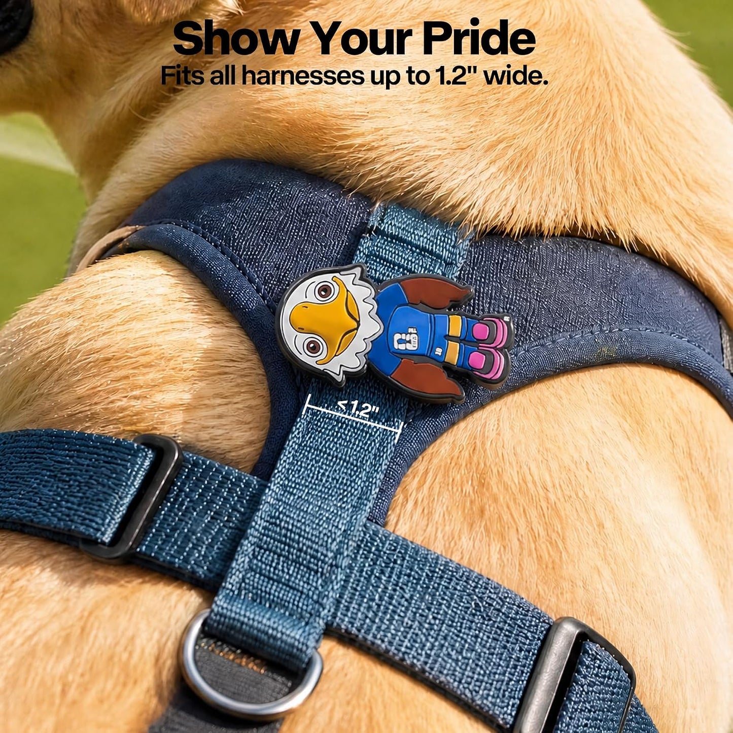 AFP Pet Products slide on mascot badge attached securely to a red dog collar up to one point two inches wide.