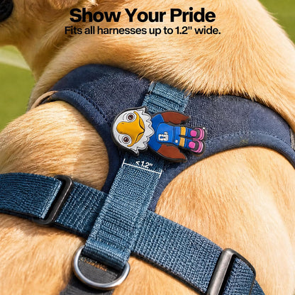 AFP Pet Products slide on mascot badge attached securely to a red dog collar up to one point two inches wide.