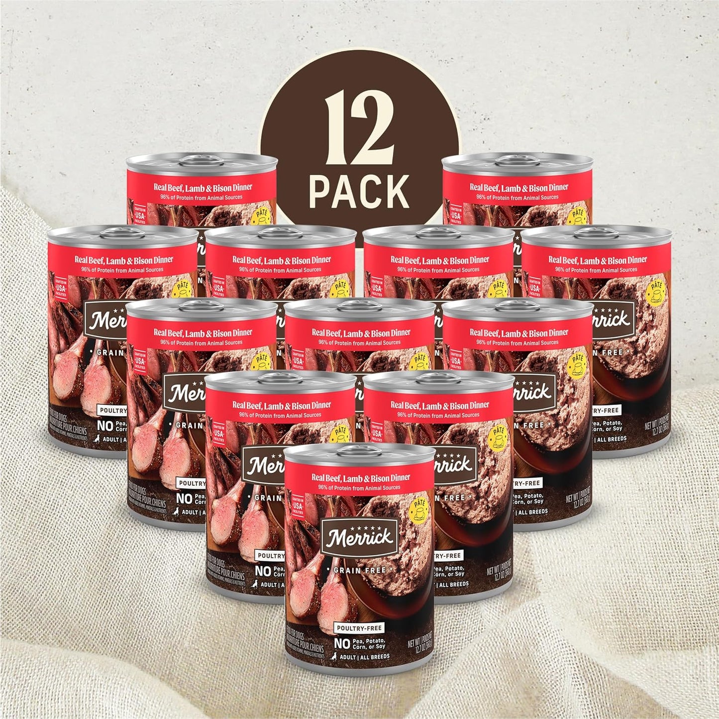 Merrick natural canned dog food premium ingredients display