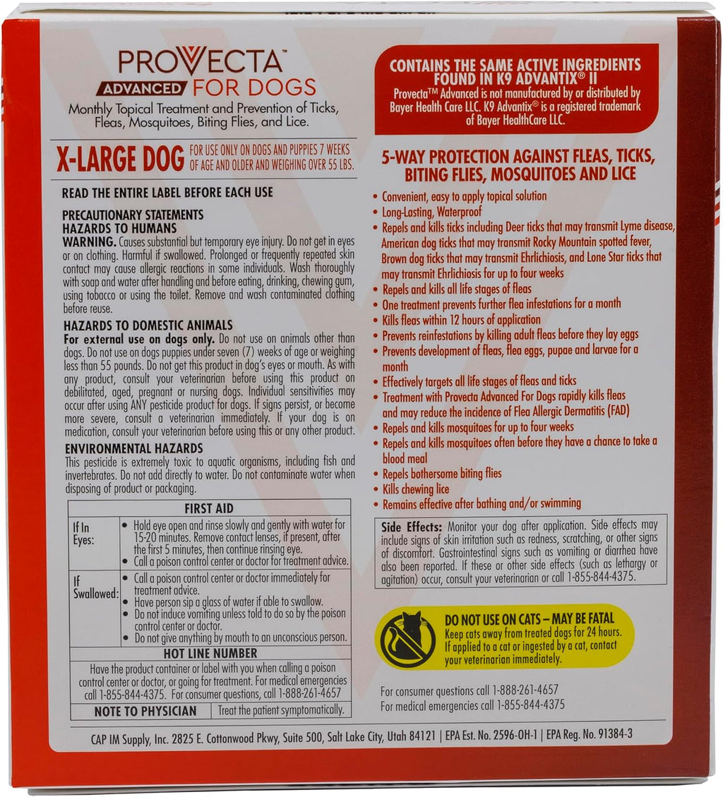 Provecta Advanced monthly spot on flea protection for dogs over fifty five pounds back label