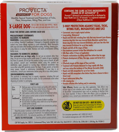 Provecta Advanced monthly spot on flea protection for dogs over fifty five pounds back label