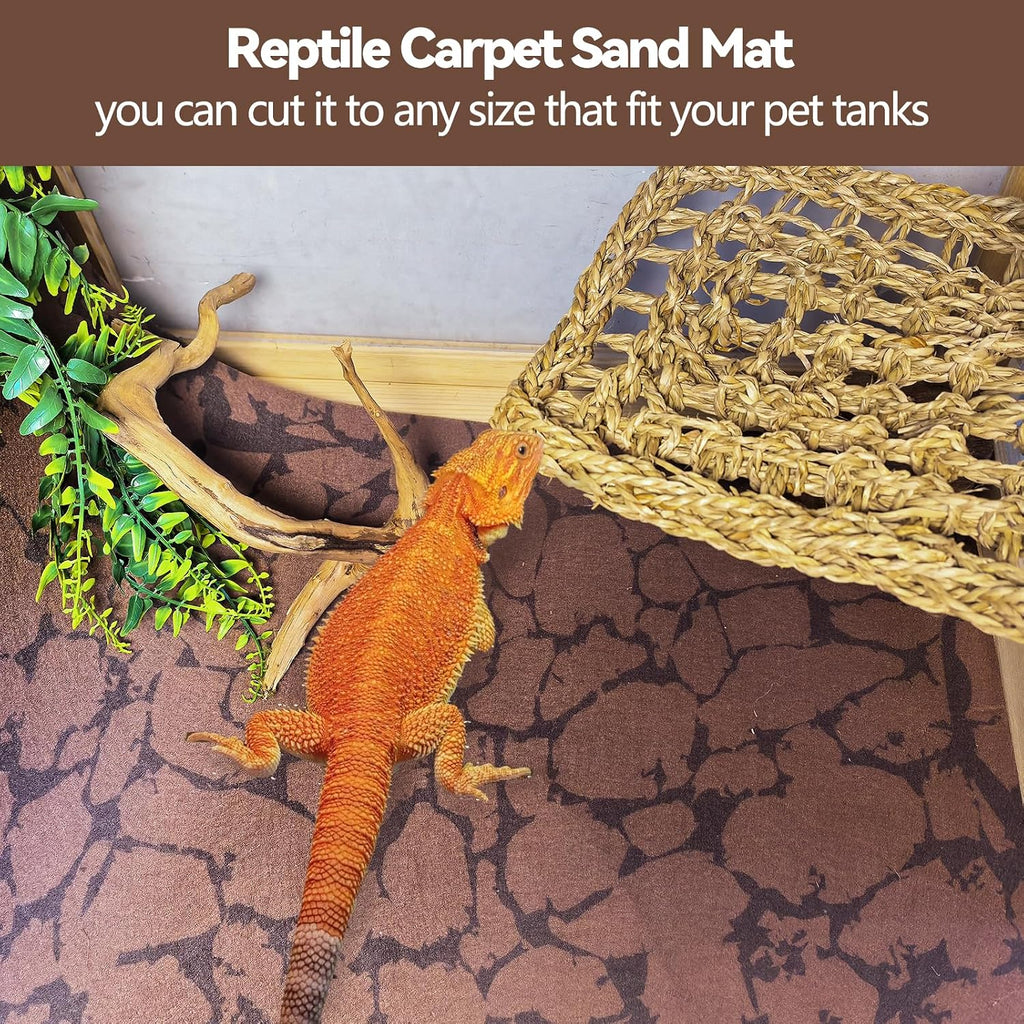 Leopard gecko resting comfortably on a brown reptile carpet substrate