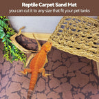 Leopard gecko resting comfortably on a brown reptile carpet substrate