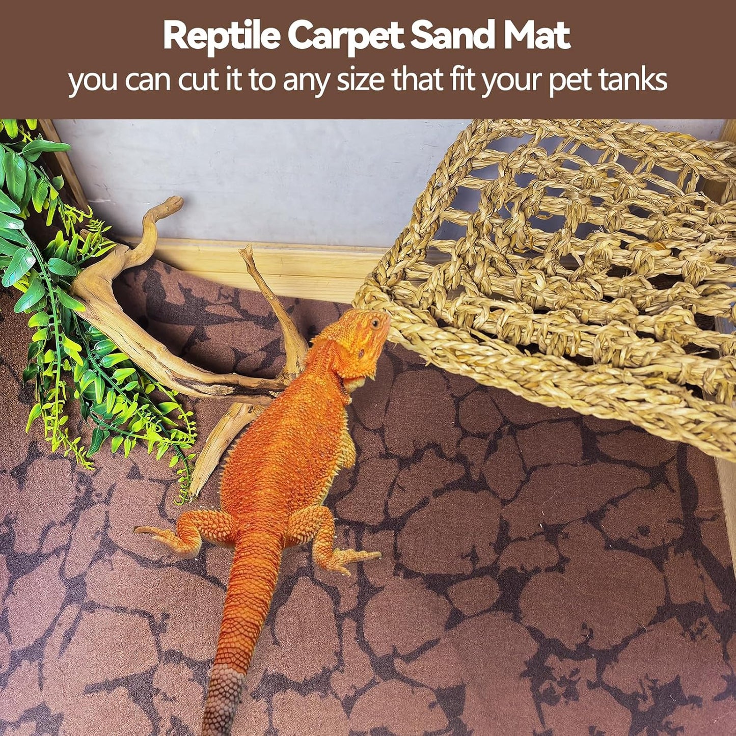 Leopard gecko resting comfortably on a brown reptile carpet substrate