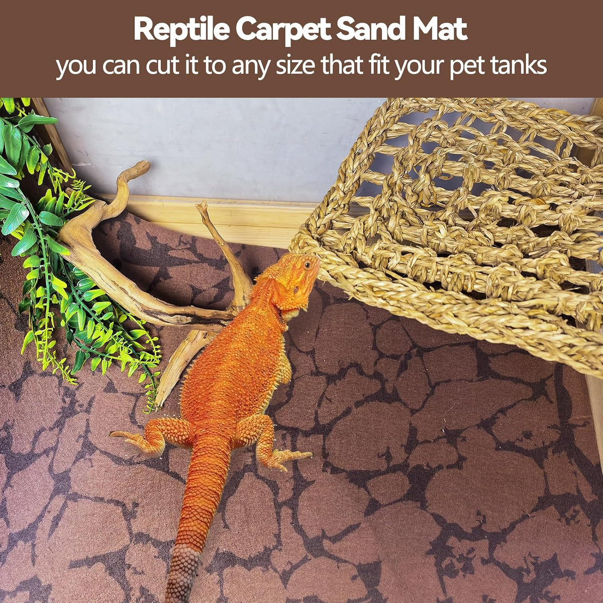 Leopard gecko resting comfortably on a brown reptile carpet substrate