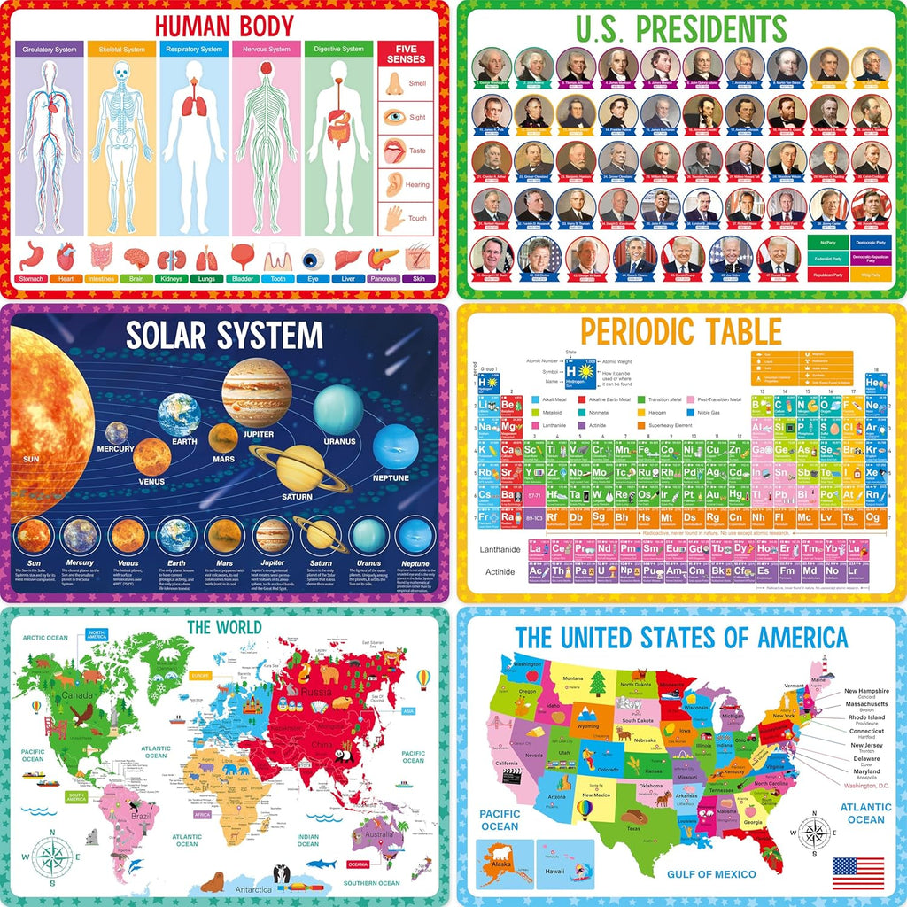 SpriteGru educational placemats for kids front view showing six different learning themes on a table surface.