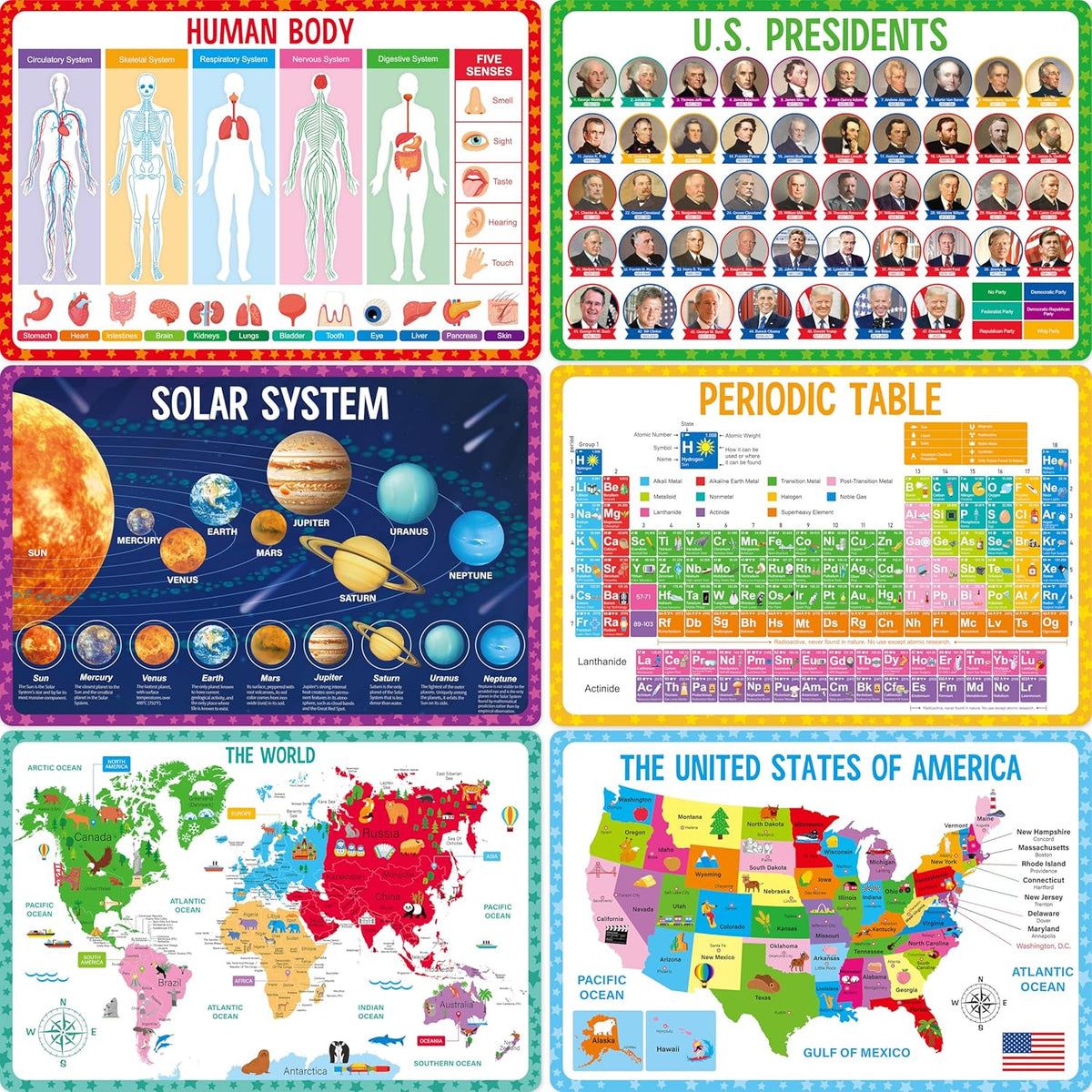 SpriteGru educational placemats for kids front view showing six different learning themes on a table surface.