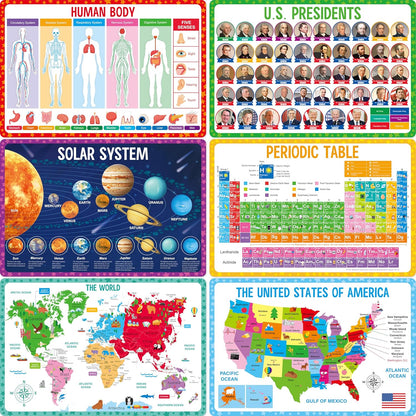 SpriteGru educational placemats for kids front view showing six different learning themes on a table surface.
