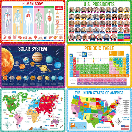 SpriteGru educational placemats for kids front view showing six different learning themes on a table surface.