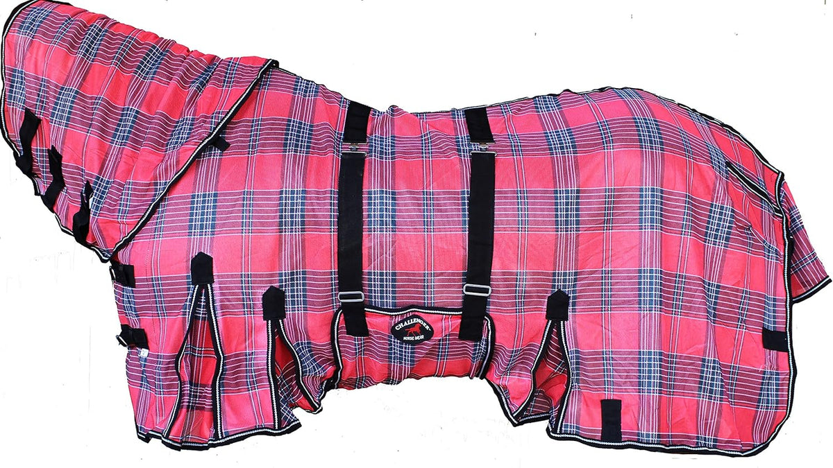 Challenger horse mesh summer fly sheet front view displaying red and black plaid pattern