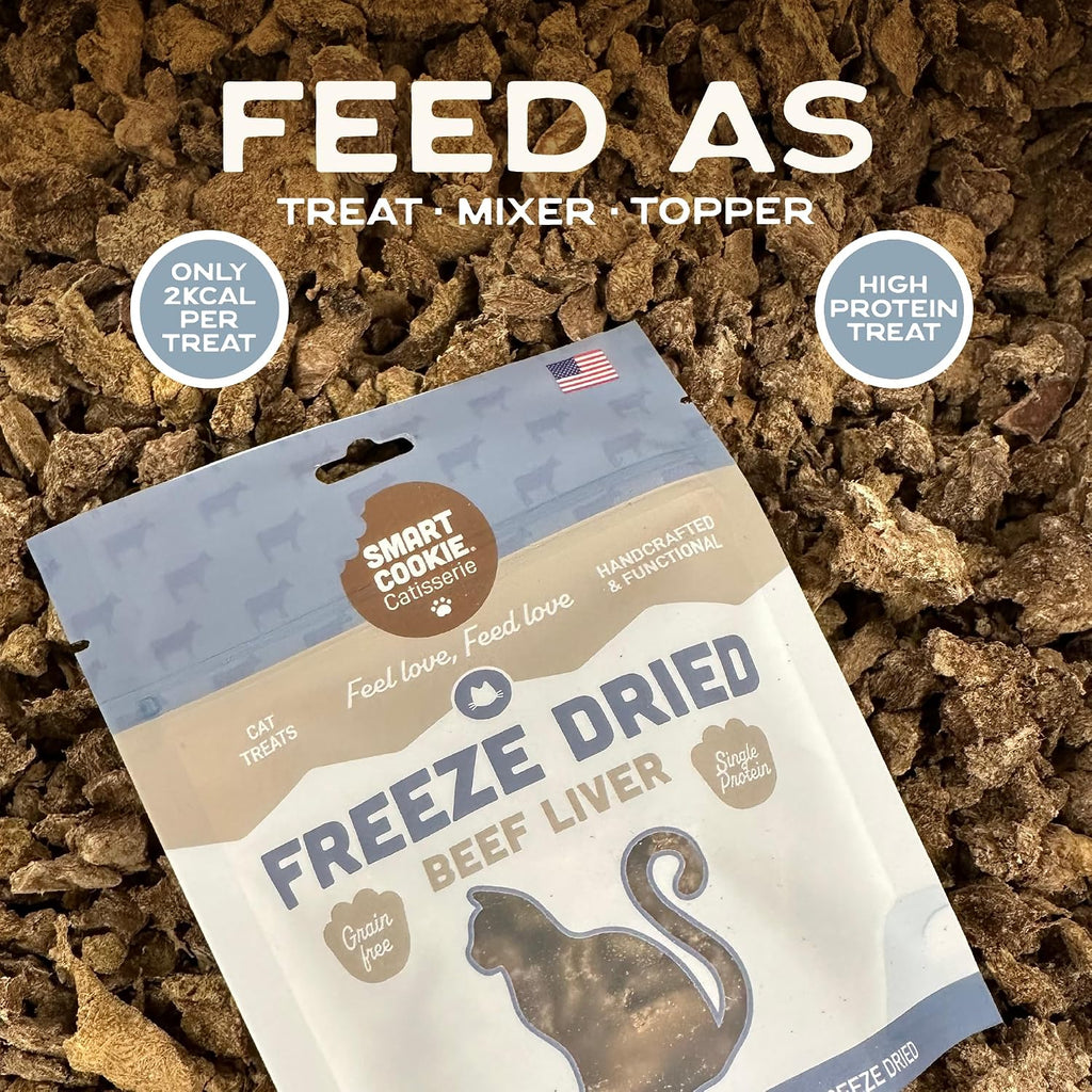Nutrient dense catisserie beef liver crunchy treat containing natural taurine