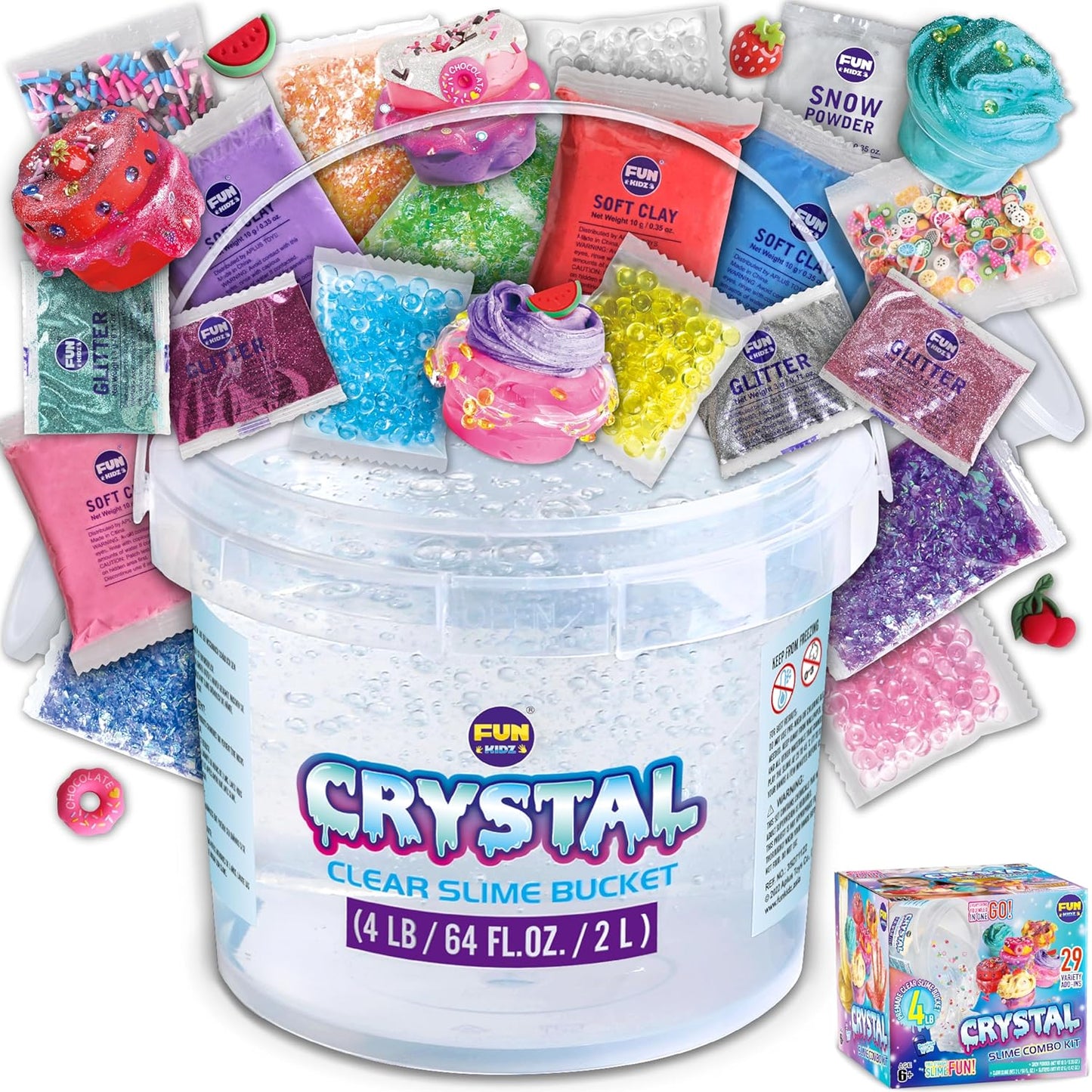 Fun Kidz 4 Pound clear slime bucket kit front view showcasing the large storage container with carry handle