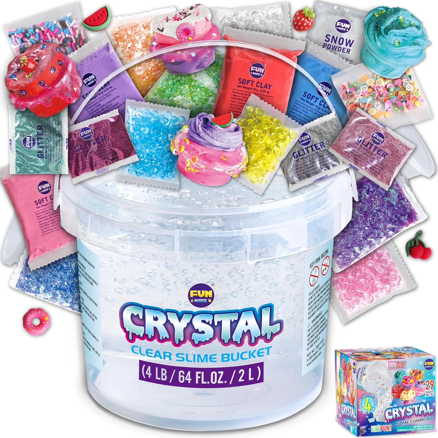 Fun Kidz 4 Pound clear slime bucket kit front view showcasing the large storage container with carry handle