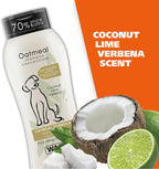 Wahl dog shampoo bottle next to fresh oatmeal and coconut ingredients