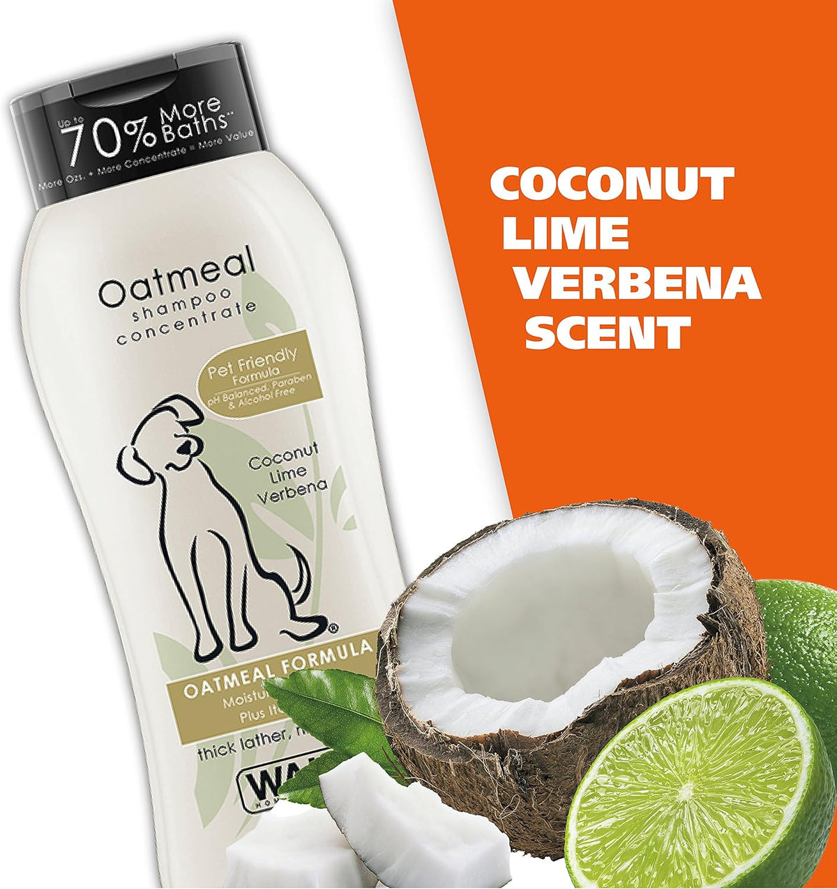 Wahl dog shampoo bottle next to fresh oatmeal and coconut ingredients