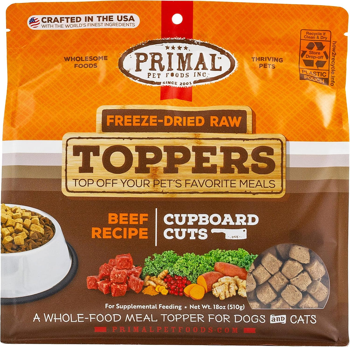 Primal Pet Foods Cupboard Cuts Beef 18 Ounce package front view premium raw pet food topper