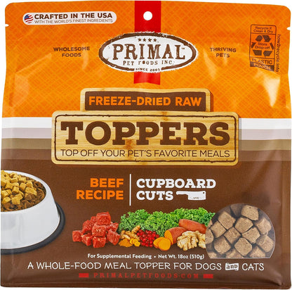 Primal Pet Foods Cupboard Cuts Beef 18 Ounce package front view premium raw pet food topper