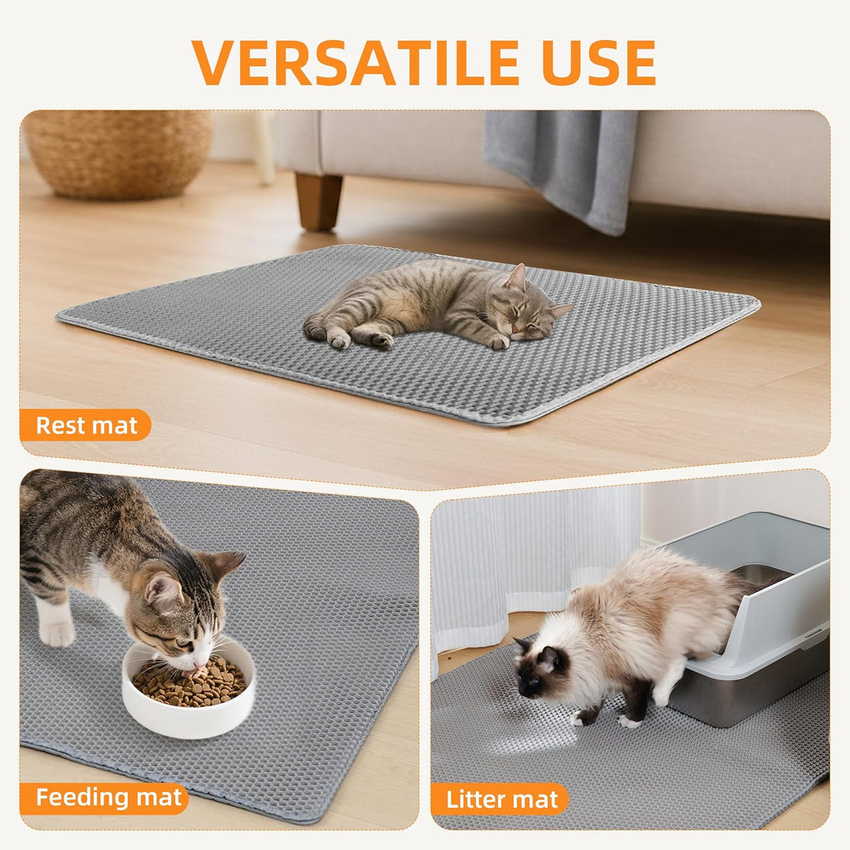 Flattened forty seven by thirty three inches large pet mat in a modern living room.