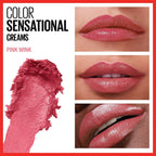 Creamy coral pink lip makeup swatched on a clean background