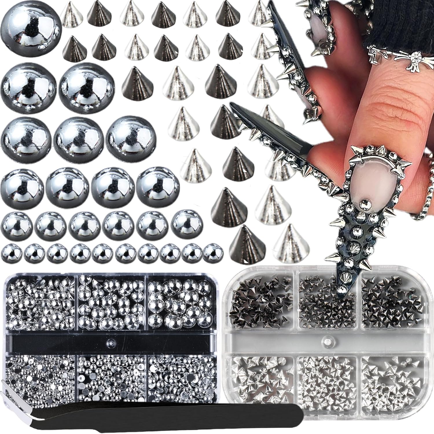 Generic 3D metal punk nail art studs kit front view showcasing the partitioned storage boxes filled with gold and black cone spikes